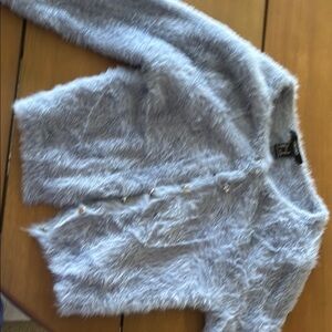 Fuzzy Gray Cardigan with Pearl Buttons